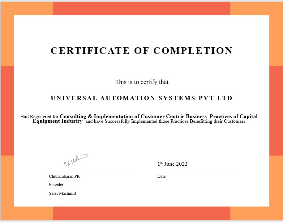 Universal Automation Systems Pvt. Ltd. - Certification of Completion